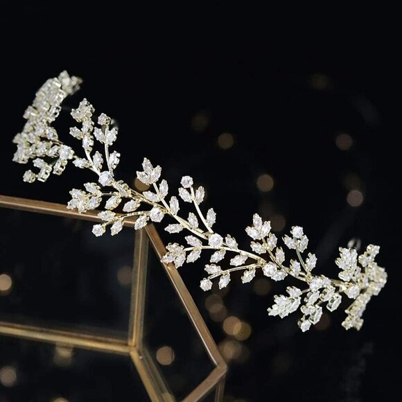 Bridal Headpiece Gold CZ Hair Accessories Wedding Tiara Party Gift main image 7